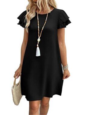 Womens Casual Summer Dress Ruffle Sleeve Crew Neck Swing Dress Pockets Flowy